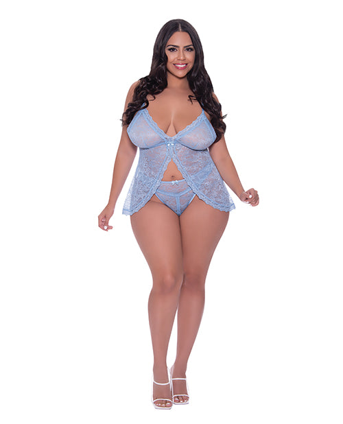 Exposed Lace Babydoll Plus Size Satin Bow and Split Crotch Panty Set for Romantic Lingerie Looks