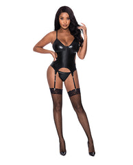 Exposed Lingerie Set Wet Look Black Basque with Cheeky Panty for Confident Curves