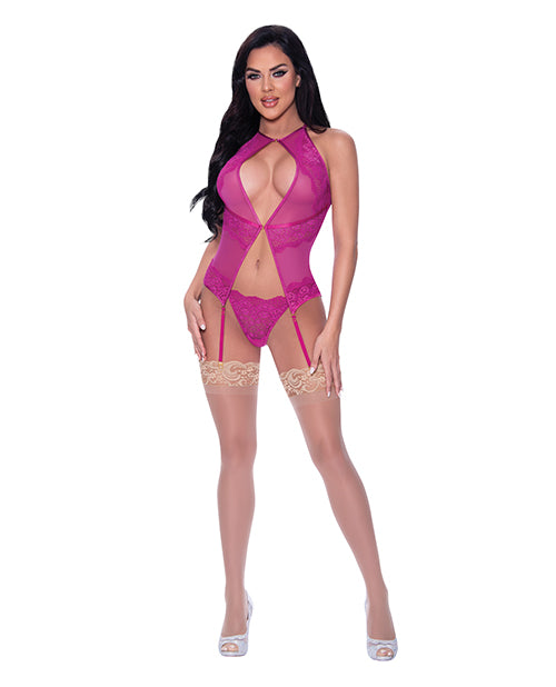Exposed Lingerie Pink Lace Halter Basque Adjustable Straps Removable Garters for Elegant Intimate Style