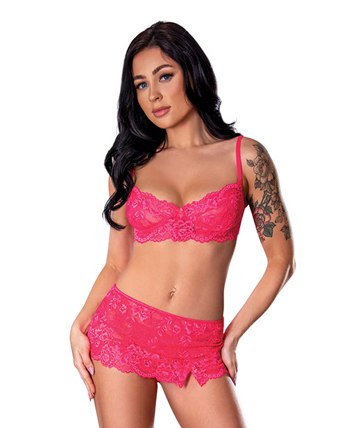 Exposed Lingerie Set Pink Lace Bra Skirt Thong Flirty Scalloped Edges for Romantic Evenings