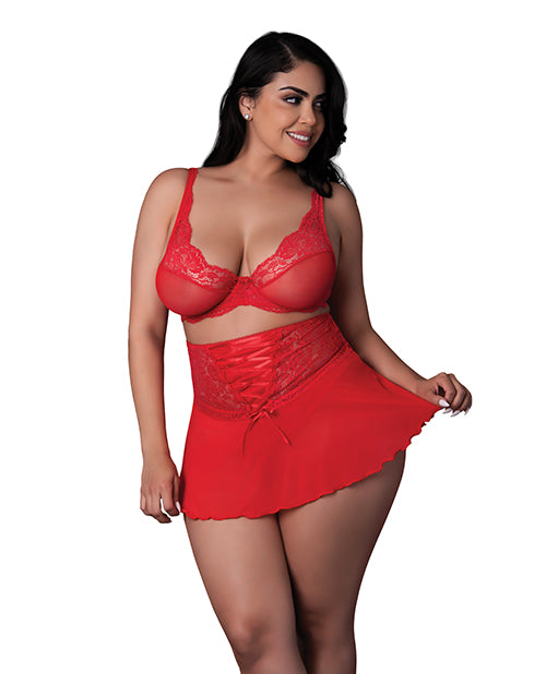 Exposed Lingerie Red Plus Size Sheer Bralette Lace Cincher Skirt Set for Confident Intimate Style