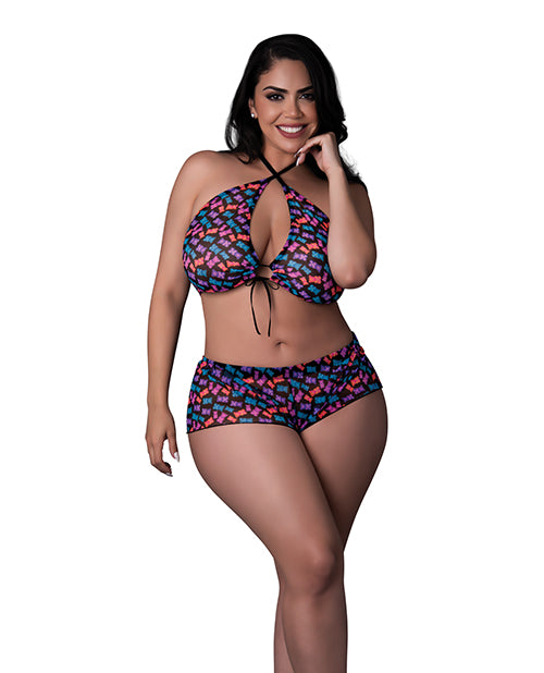 Exposed Plus Size Lingerie Blacklight Reflective Halter Top Flowy Shorts for UV Clubwear