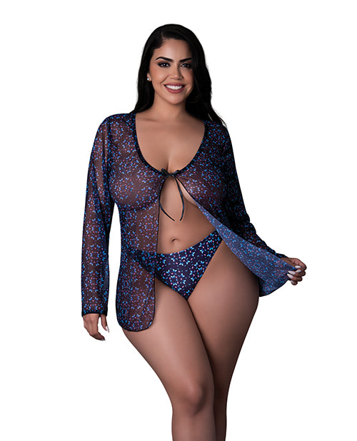 Exposed Lingerie Plus Size Blacklight Reflective Tie Front Set Mesh Thong for Clubwear Parties