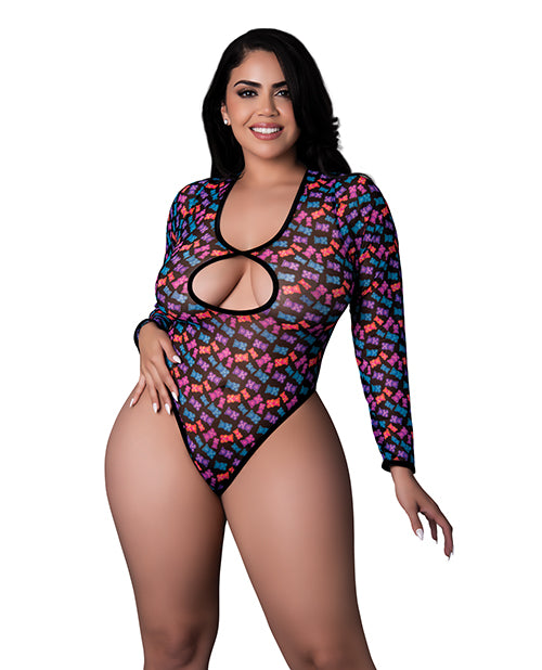 Exposed Lingerie Teddy Blacklight Reflective Gummy Bear Print Plus Size for Unique Nightwear
