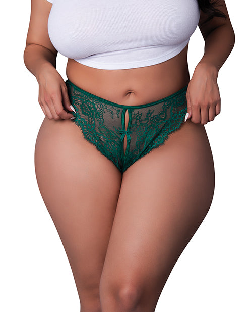 Exposed plus size lingerie emerald split crotch panty with scalloped lace and satin bow for intimate sophistication