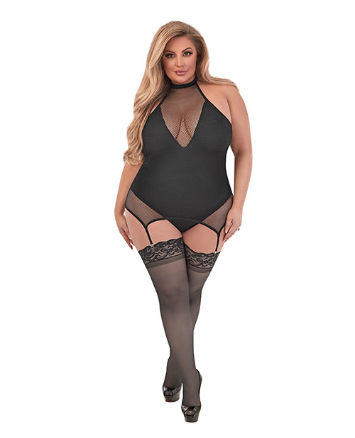 Exposed lingerie plus size merry widow teddy with halter neck and adjustable garter straps for intimate wear