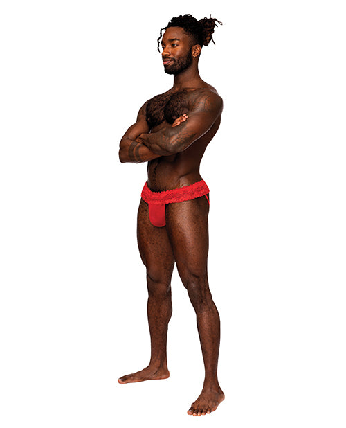 Male Power Lingerie Sassy Lace Skirt Jock Red Sheer Mesh Ruffled Waistband for Intimate Comfort