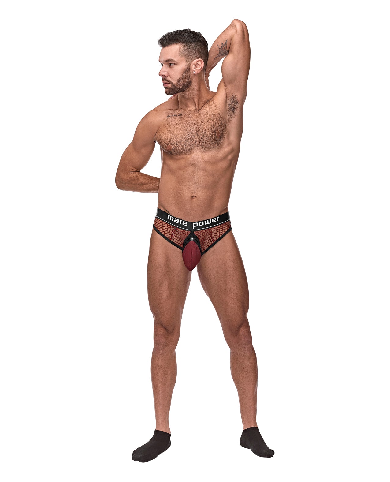 Male Power Lingerie Red Fishnet Cock Ring Thong with Snap Off Pouch and Elastic C-Ring for Breathable Comfort
