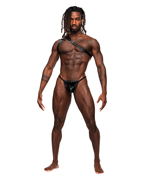 Male Power Bondage Restraint PU Leather Shoulder Harness with Metal Buckles and Rings for Adjustable Fetish Wear