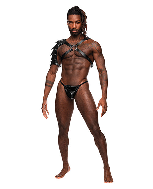 Male Power Bondage Chest Harness with Gladiator Shoulder Shield and Adjustable Buckles for Distinctive Restraint Play