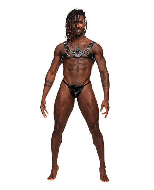Male Power Chest Harness PU Leather with Adjustable Buckles and Metal Rings for Bondage Restraint Play