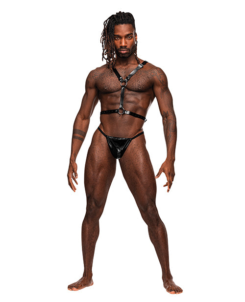 Male Power Bondage Harness PU Leather Chest and Decorative Winged Back with Adjustable Straps for Restraint Play