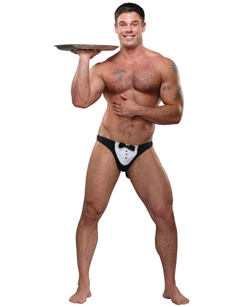 Male Power Novelty Thong Tuxedo Design 100% Nylon for Playful Costume and Humorous Gift