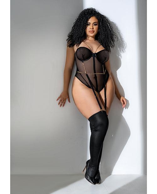 Mapale Lingerie Plus Size Mesh Bodysuit with Gold Chain Detail and Garter Belt for Confident Curves