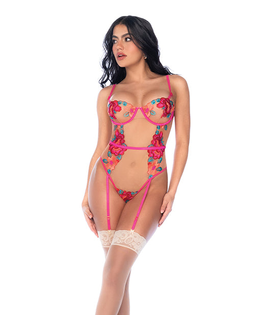 Mapale Lingerie Mesh Teddy Floral Embroidery with Garters and Lace-Up Back for Sensual Intimate Wear