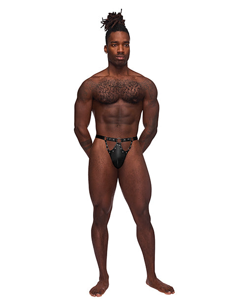 Male Power G-String with elongated pouch, cire waistband, and decorative ring and stud accents for stylish men's lingerie