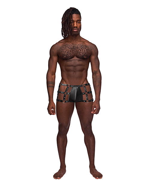 Male Power Caged Short with Studded Straps and Metal Rings for Fetish-Inspired Lingerie Style