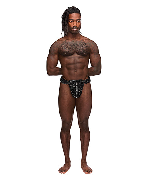 Male Power Leather Thong padded comfort waistband, adjustable buckle, cage pouch, chastity lock for bold men's lingerie style