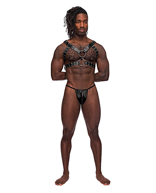 Male Power men's leather harness with dual metal rings and adjustable buckle straps for confident intimate wear