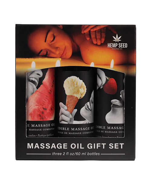 Earthly Body Massage Oil Gift Set with Strawberry, Watermelon, Vanilla Flavors for Sensual Massage and Skin Nourishment