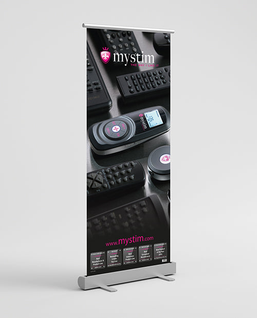Mystim Rollup Banner Black Display Stand with Durable Aluminum Base for Promotional Events