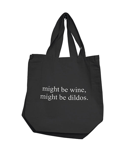 Nobu reusable tote bag black with humorous 'Might Be Wine, Might Be Dildos' slogan for parties and everyday shopping