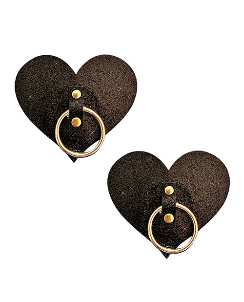 Neva Nude Pasties Black Glitter Heart Design with Metal Hoops for Statement Lingerie Style