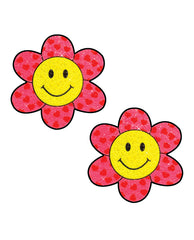 Neva Nude Lingerie Packaged Smiley Flower Power Glitter Pasties in pink and yellow daisy shape for playful party wear