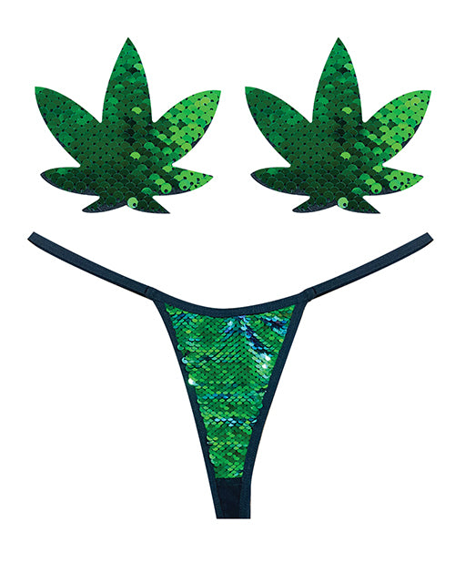 Neva Nude Lingerie Set Flip Sequin G-String Weed Leaf Pasties for Playful Mermaid-Inspired Fun