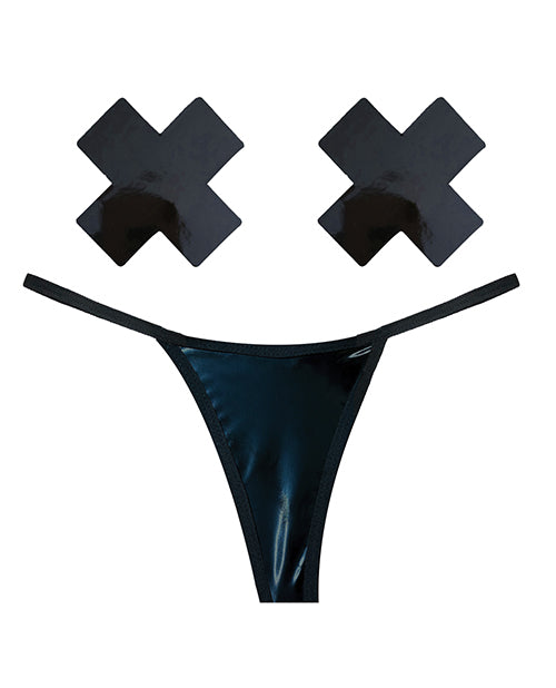 Neva Nude Lingerie Set Wet Black Vinyl G-String Hypoallergenic Pasties for Festival and Intimate Wear