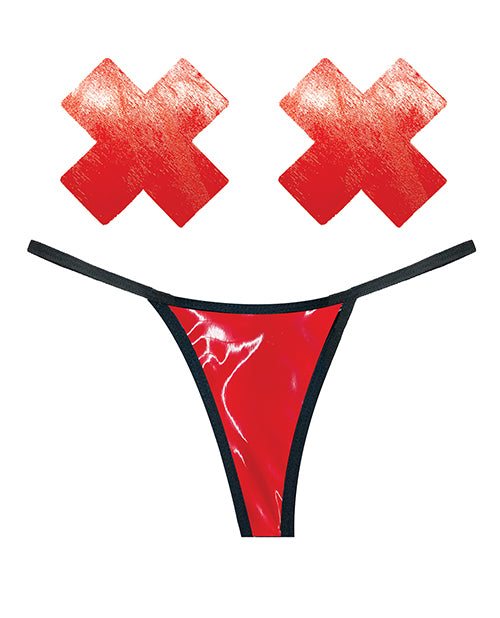 Neva Nude Lingerie Set Red Wet Vinyl Pasties Flexible G-String for Comfortable Bold Festival Style