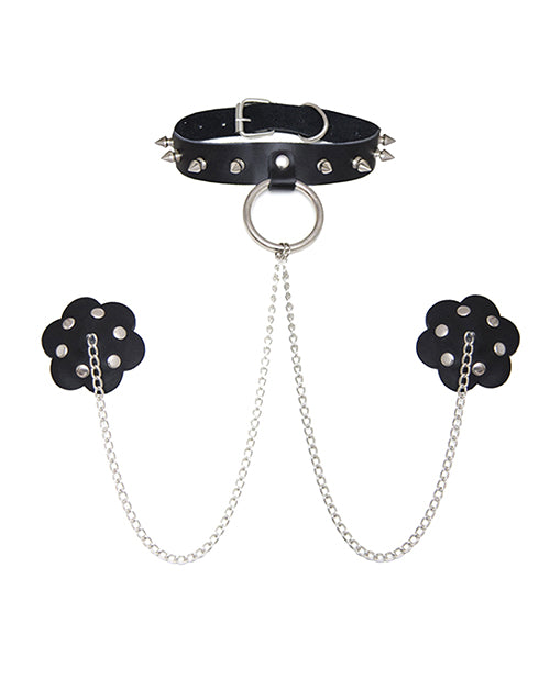 Neva Nude Lingerie - Packaged Reusable Silicone Pasties with Black Leather Chain Neck Choker for Bold Burlesque Style