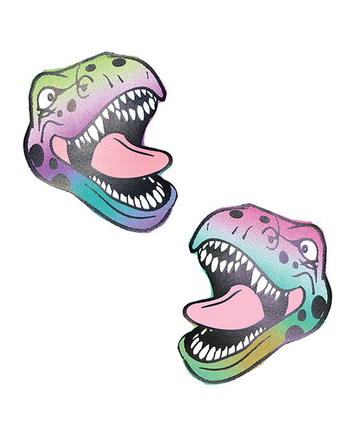 Neva Nude reflective dinosaur pasties with rainbow finish and handmade design for parties, raves, and bold festival lingerie accessories