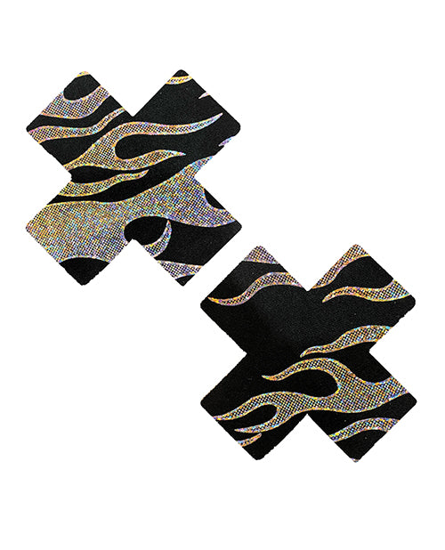 Neva Nude Holographic X Factor Pasties Black and Silver Cyberpunk Flames for Festival Lingerie Accessory