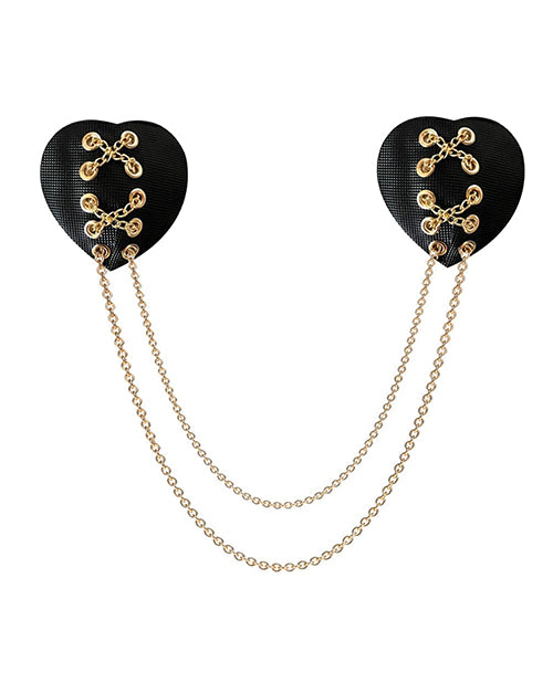 Neva Nude Lingerie Packaged Black Stitched Heart Nipple Covers with Gold Chains for Reusable Festival Wear