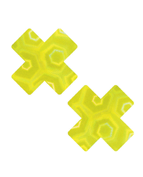 Neva Nude Lingerie Holographic X Nipple Cover Neon Yellow Festival Pasties for Bold Statement