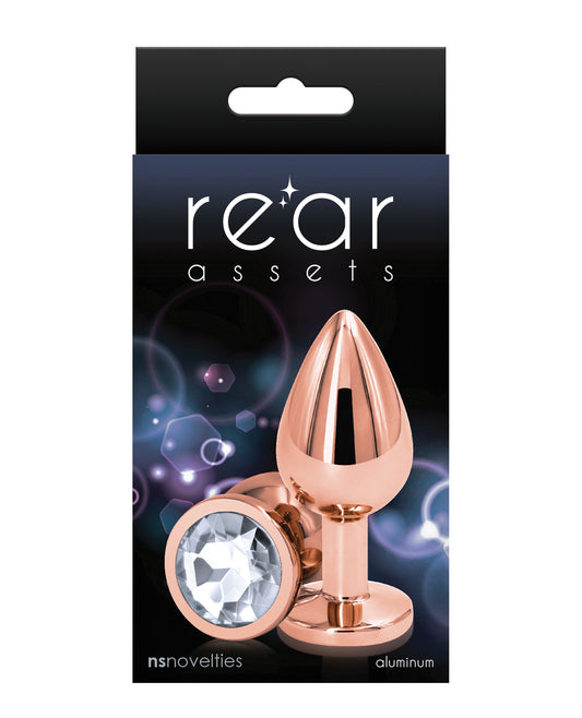 Rear Assets Anal Plug chrome-plated rose gold clear gem for visual appeal and body-safe pleasure