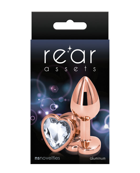 Rear Assets Anal Plug Rose Gold Heart Chrome-Plated Clear Jewel for Visual and Sensual Excitement