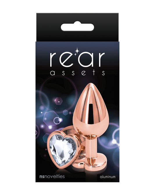 Rear Assets Anal Plug Rose Gold Medium with Clear Heart Gem for Visual Stimulation and Comfortable Fit