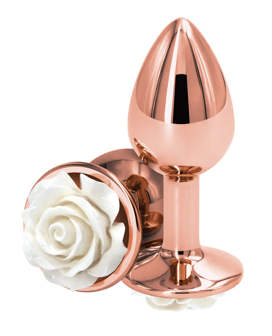 Rear Assets Anal Plug lightweight chrome-plated white rose detail for sensual visual excitement
