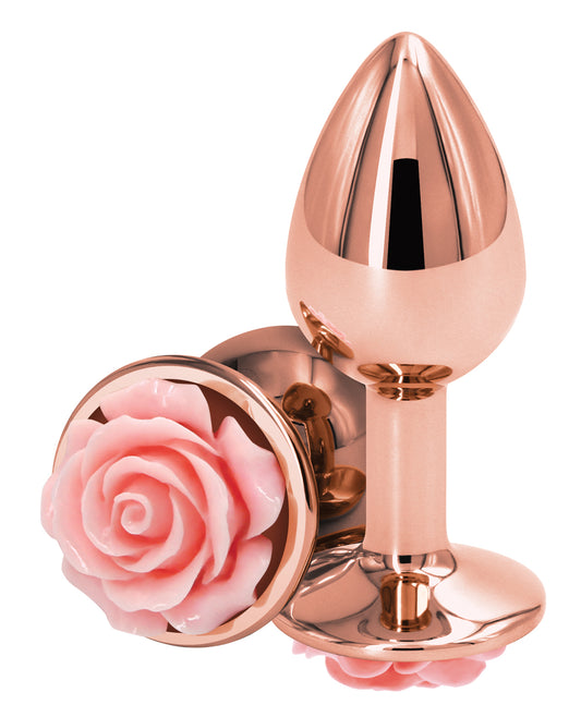 Rear Assets Anal Plug chrome-plated lightweight design with pink rose base for enhanced visual and sensual enjoyment