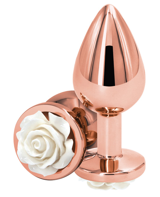 Rear Assets Anal Plug Chrome-Plated Aluminum White Rose Detail for Sensual Stimulation