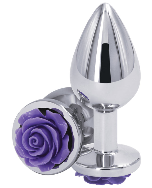 Rear Assets Anal Plug Chrome-Plated Purple Rose Accent Lightweight for Sensual Visual Pleasure