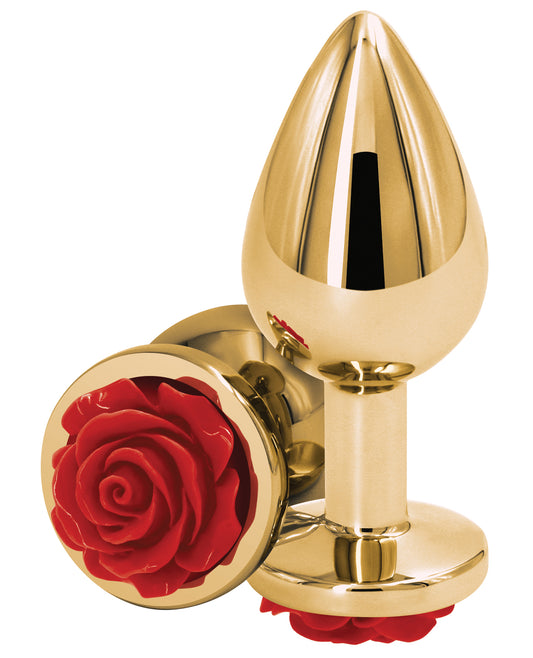 Rear Assets Anal Plug chrome-plated aluminum red rose accent body-safe design for visual excitement