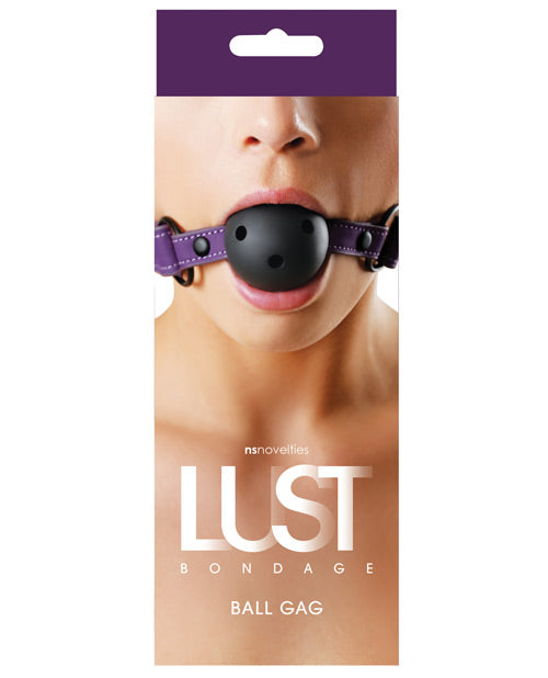 Lust Bondage Ball Gag purple vinyl restraint with neoprene lining and adjustable Velcro for comfortable sensation play