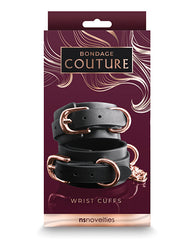 Bondage Couture Wrist Cuffs black synthetic material nickel-free hardware for safe bondage restraint play