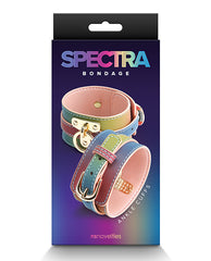 Spectra Bondage Ankle Cuffs Rainbow design with couture hardware for secure colorful BDSM restraint