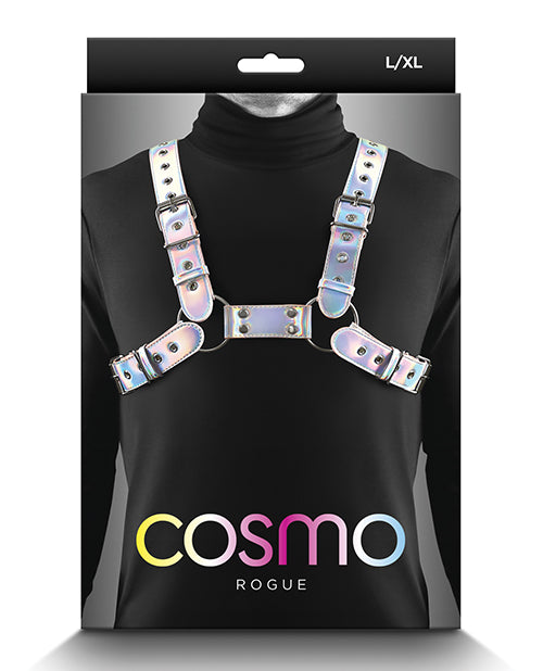 Cosmo Bondage Chest Harness Rainbow Vinyl Adjustable Straps Silver Hardware for Secure Stylish Fit