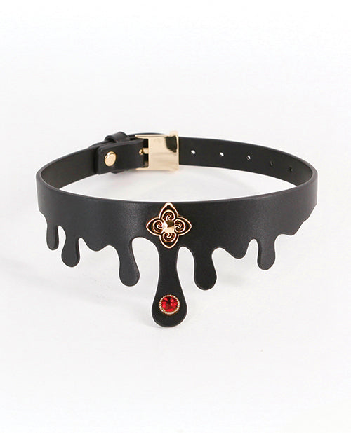 Fetish and Fashion bondage collar with ruby jewel, adjustable buckle, and gold charm for stylish restraint and neck adornment