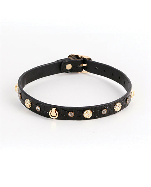 Fetish and Fashion Bondage Collar Black Crystal Gems Gold Sun Charms Adjustable Closure for BDSM Role Play